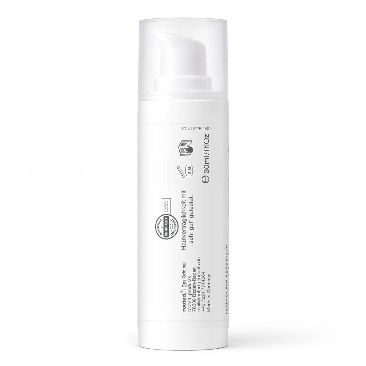 rooted. Hyaluron Serum 30ml – Rückseite: Inhalt, Haltbarkeit, Dermatest „sehr gut“ und Herstellerangaben