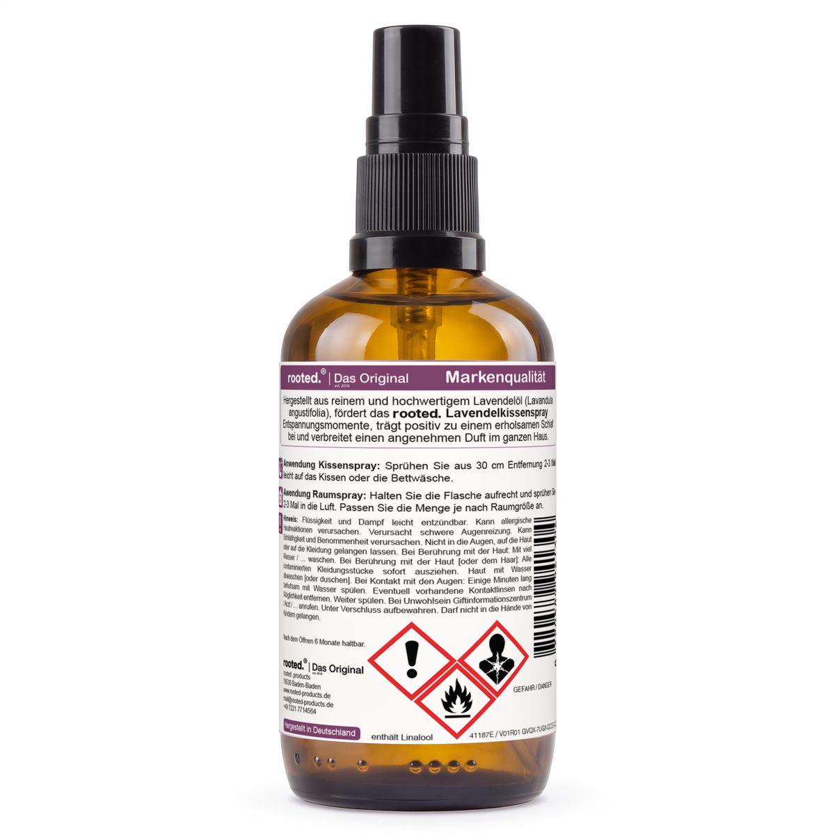 rooted. Lavendel Kissenspray 100ml – Rückseite: Anwendung, Sicherheitshinweise und Gefahrenpiktogramme