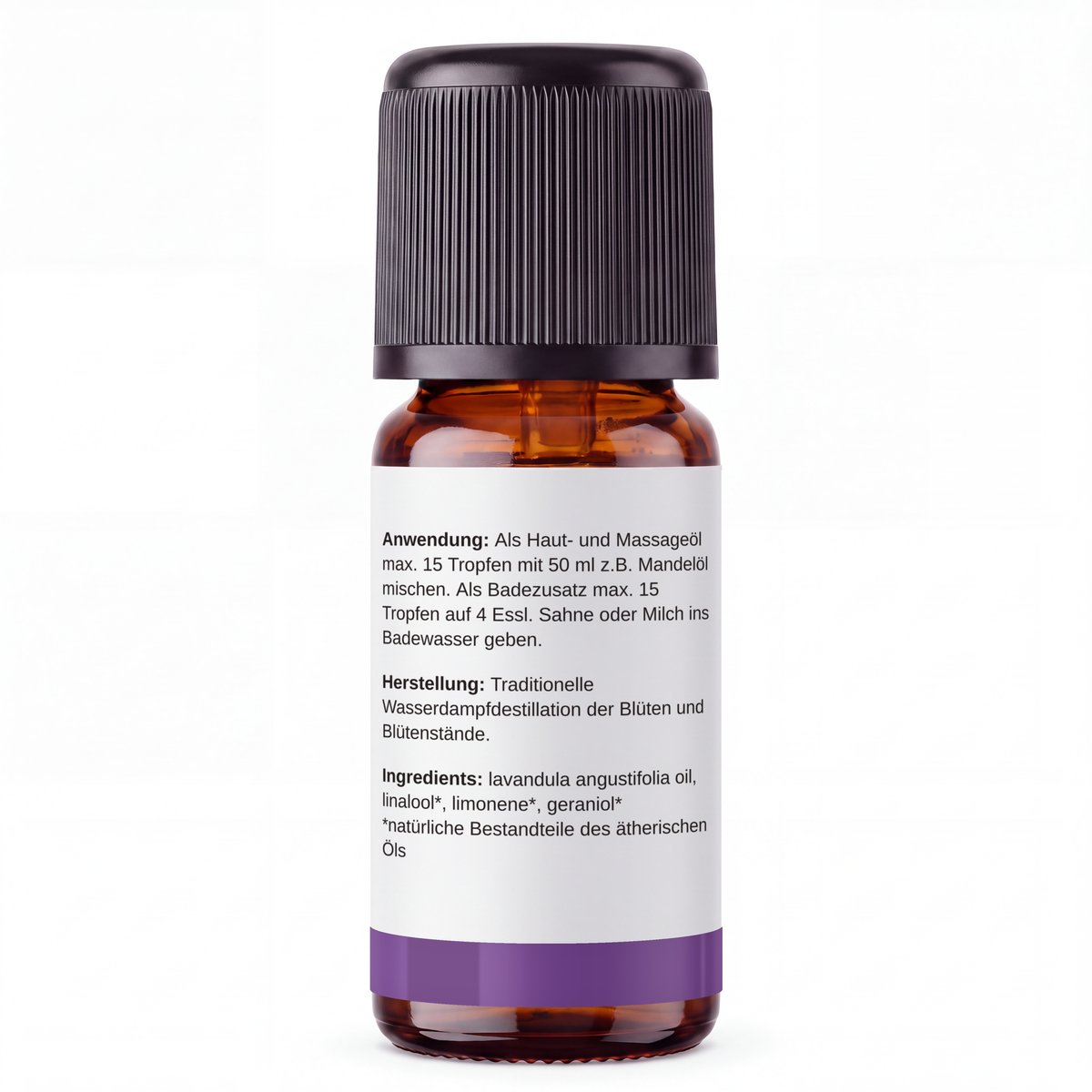 rooted. BIO Lavendelöl 10ml – Rückseite: Anwendung, Herstellung und Inhaltsstoffe