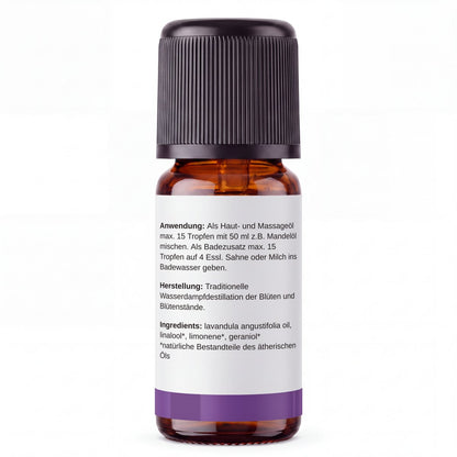 rooted. BIO Lavendelöl 10ml – Rückseite: Anwendung, Herstellung und Inhaltsstoffe
