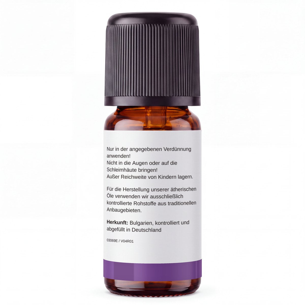 rooted. BIO Lavendelöl 10ml – Rückseite: Sicherheitshinweise und Herkunft