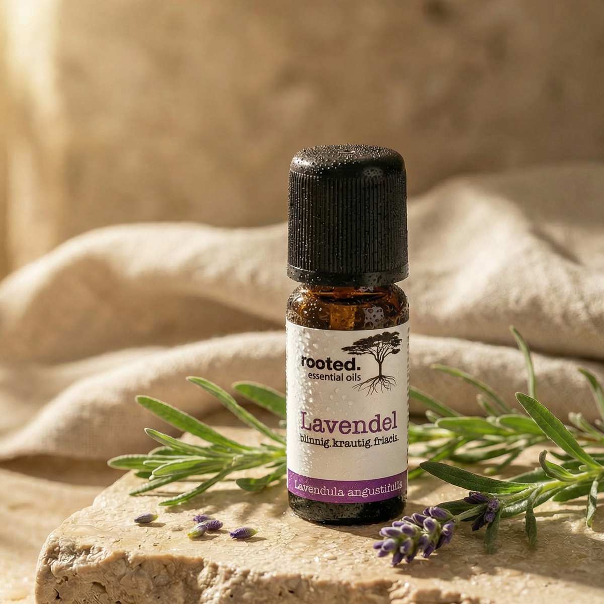 rooted. BIO Lavendelöl 10ml – Stimmungsbild auf Naturstein mit Leinentuch und Lavendelzweigen