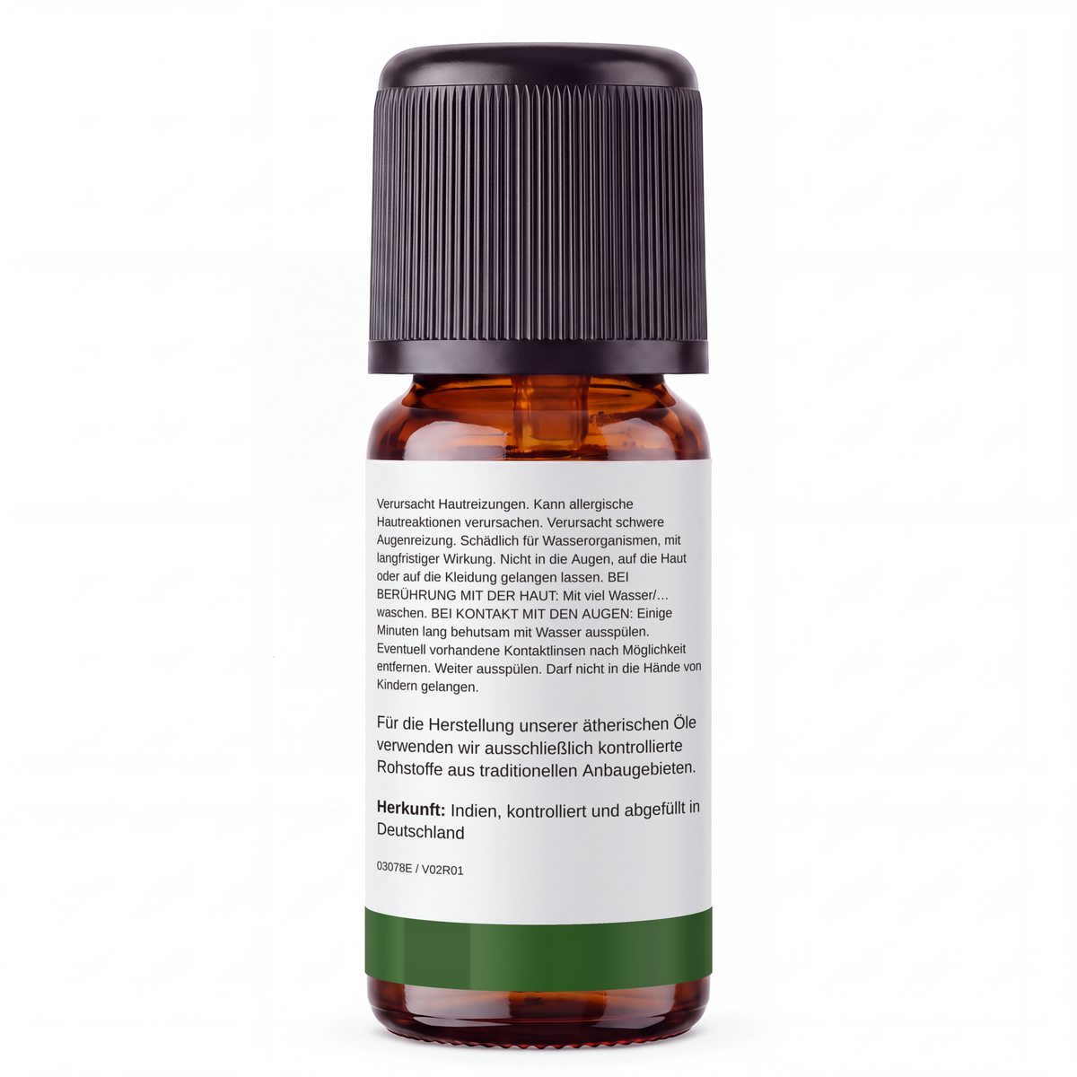 rooted. Pfefferminzöl 10ml – Rückseite: Sicherheitshinweise und Herkunft