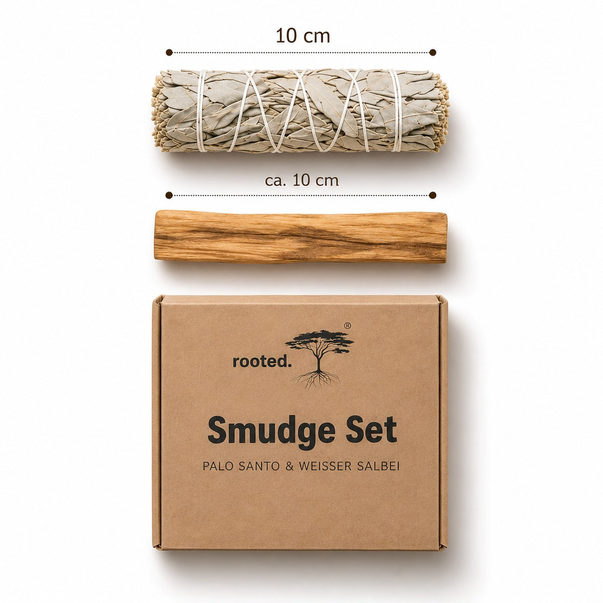 rooted. Smudge Set mit weißem Salbei und Palo Santo, je ca. 10 cm lang, mit Verpackung
