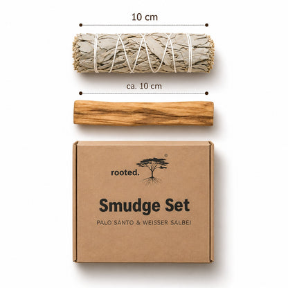 rooted. Smudge Set mit weißem Salbei und Palo Santo, je ca. 10 cm lang, mit Verpackung
