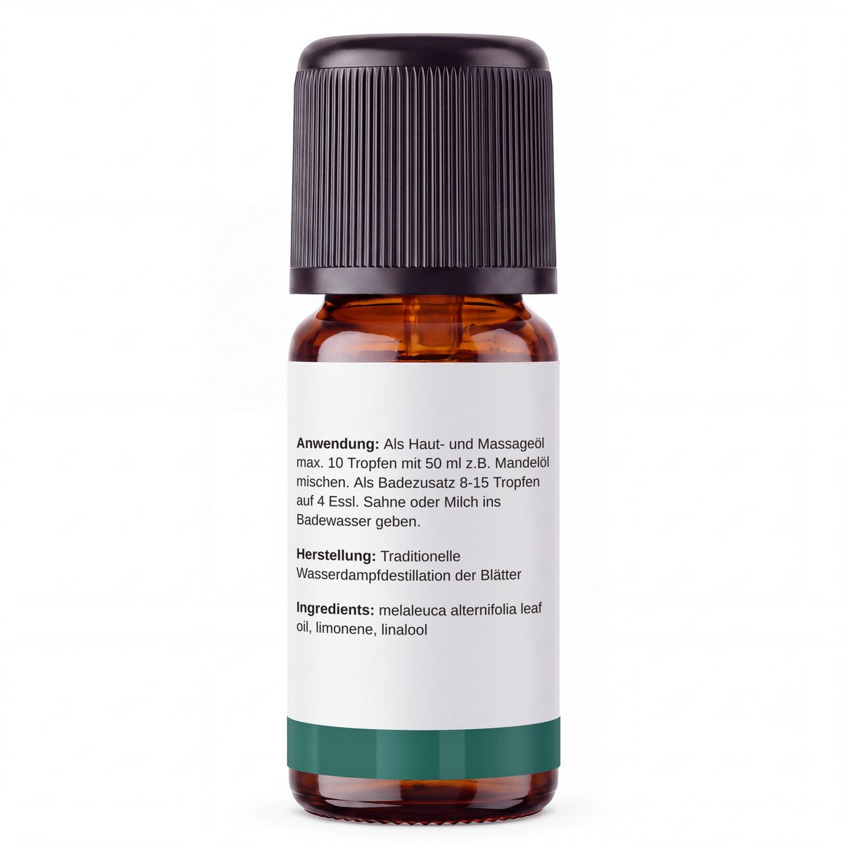 rooted. Teebaumöl 10ml – Rückseite: Anwendung, Herstellung und Inhaltsstoffe