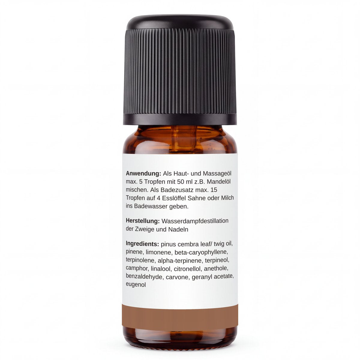 rooted. Zirbenöl 10ml – Rückseite: Anwendung, Herstellung und Inhaltsstoffe