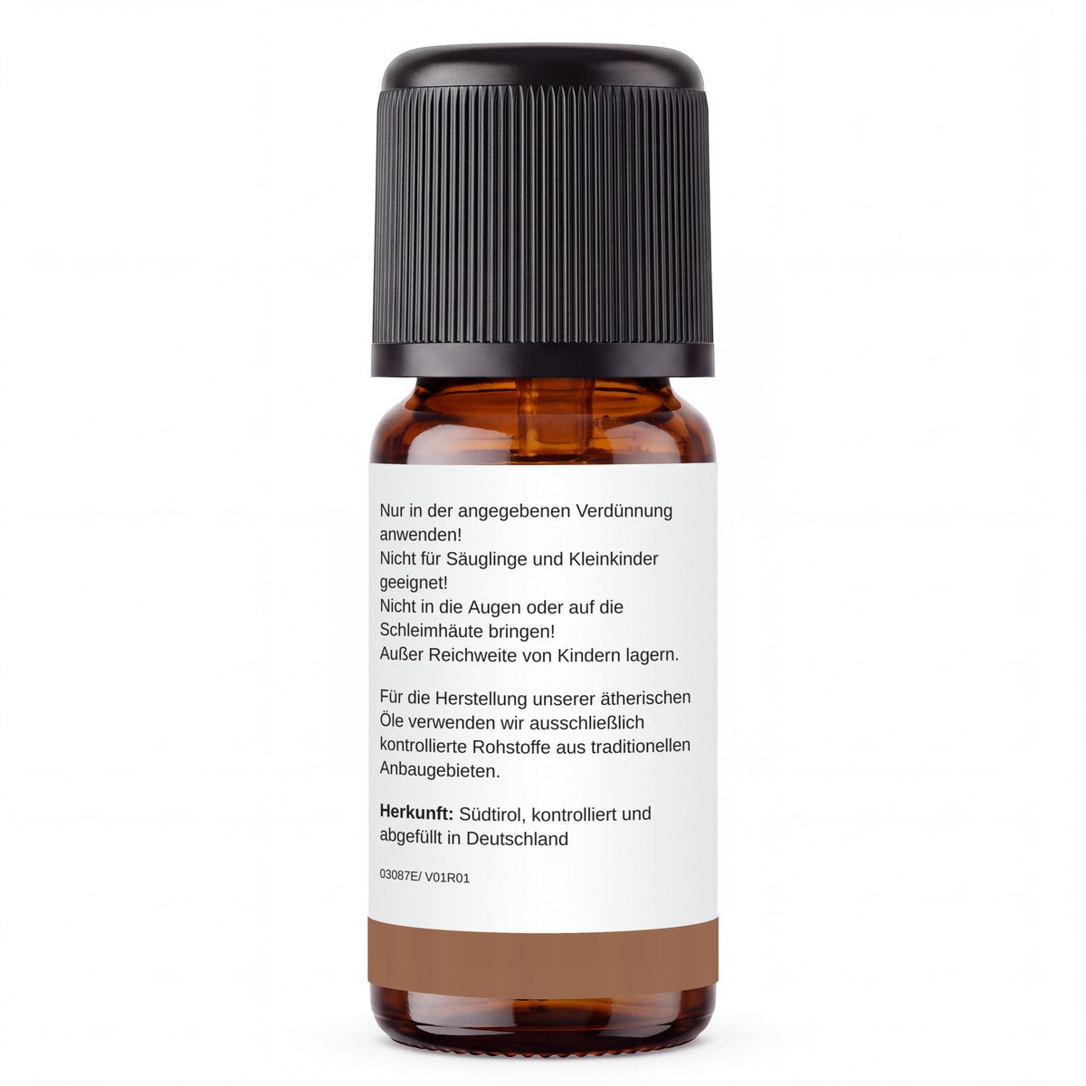 rooted. Zirbenöl 10ml – Rückseite: Sicherheitshinweise und Herkunft