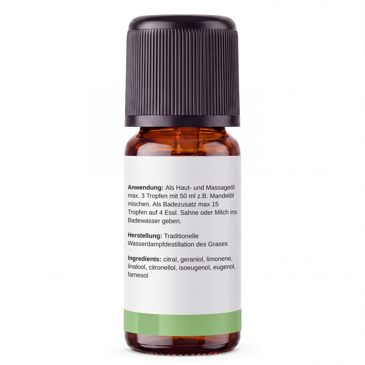 rooted. Zitronengrasöl 10ml – Rückseite: Anwendung, Herstellung und Inhaltsstoffe