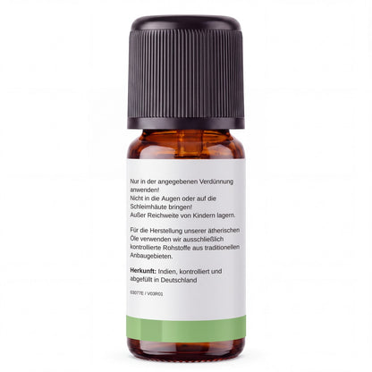rooted. Zitronengrasöl 10ml – Rückseite: Sicherheitshinweise und Herkunft