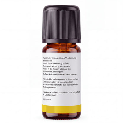 rooted. BIO Zitronenöl 10ml – Rückseite: Sicherheitshinweise und Herkunft